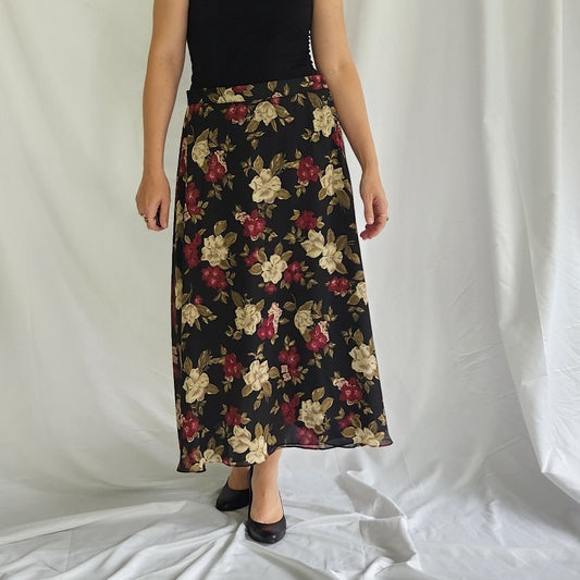 90s Black, Pink, and Beige Dark Floral Maxi Skirt
