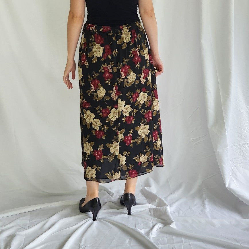 90s Black, Pink, and Beige Dark Floral Maxi Skirt