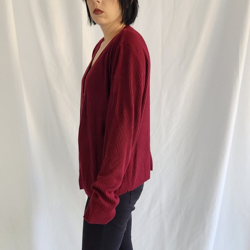 90s Burgundy Ribbed Cardigan