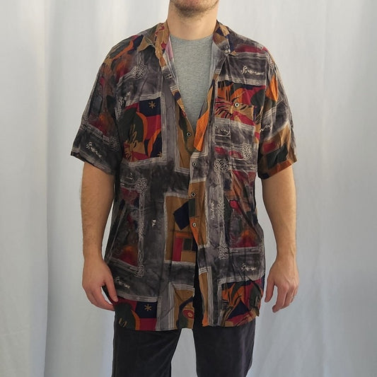 90s Gray Funky Rayon Short Sleeve Button Down Shirt