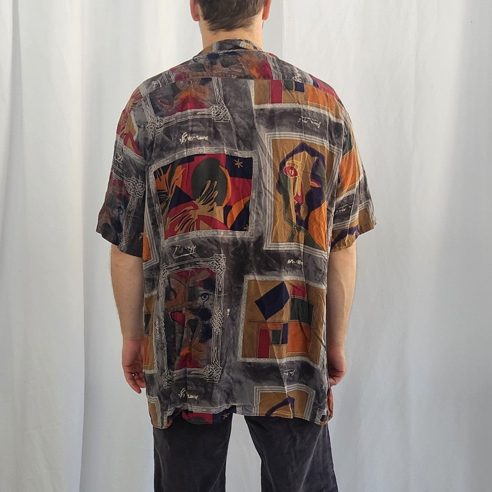 90s Gray Funky Rayon Short Sleeve Button Down Shirt