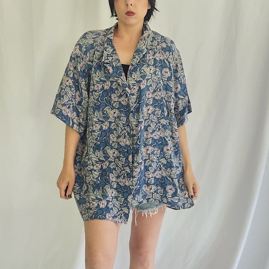 90s Blue Floral Silk Button Down