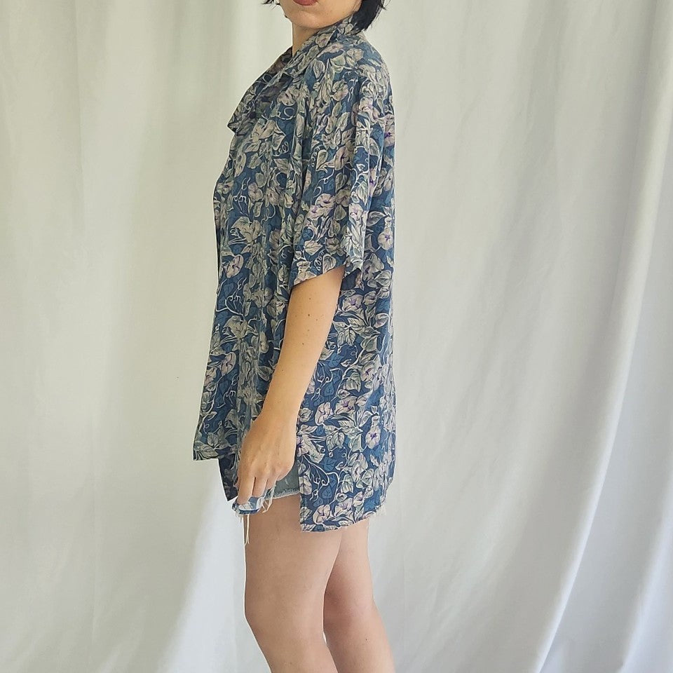 90s Blue Floral Silk Button Down