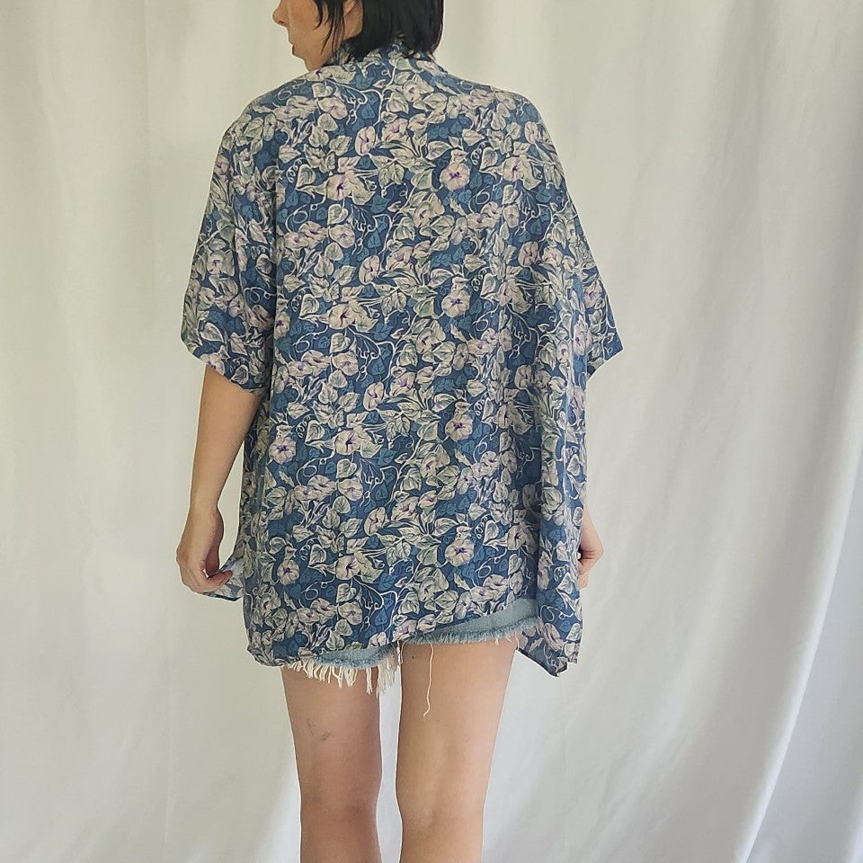 90s Blue Floral Silk Button Down