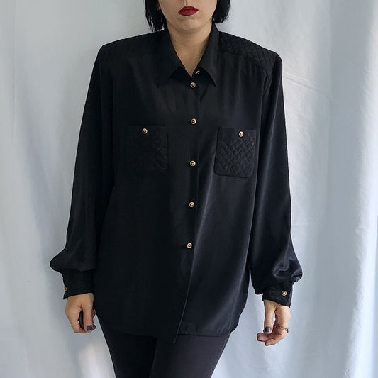 80s Black Blouse with Quilted Details