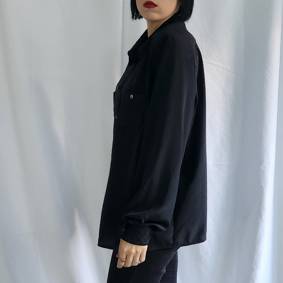80s Black Blouse with Quilted Details