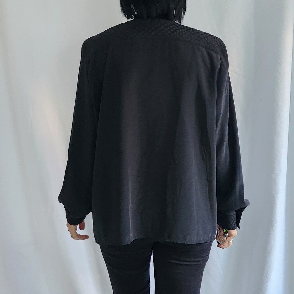 80s Black Blouse with Quilted Details