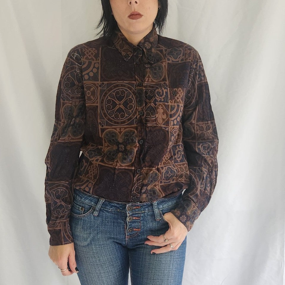 70s Brown and Blue Printed Button Down