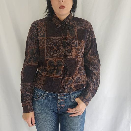 70s Brown and Blue Printed Button Down
