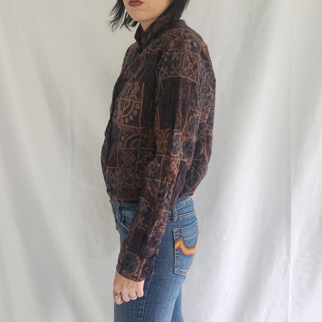 70s Brown and Blue Printed Button Down