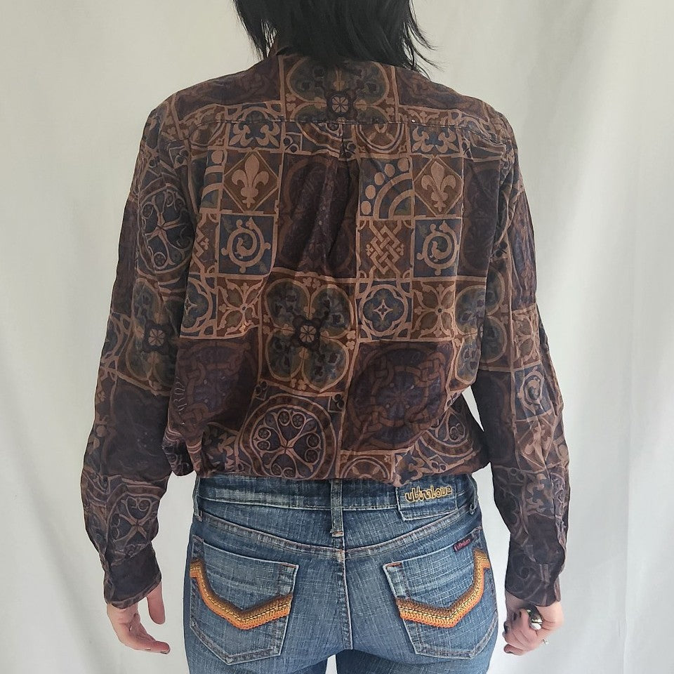 70s Brown and Blue Printed Button Down