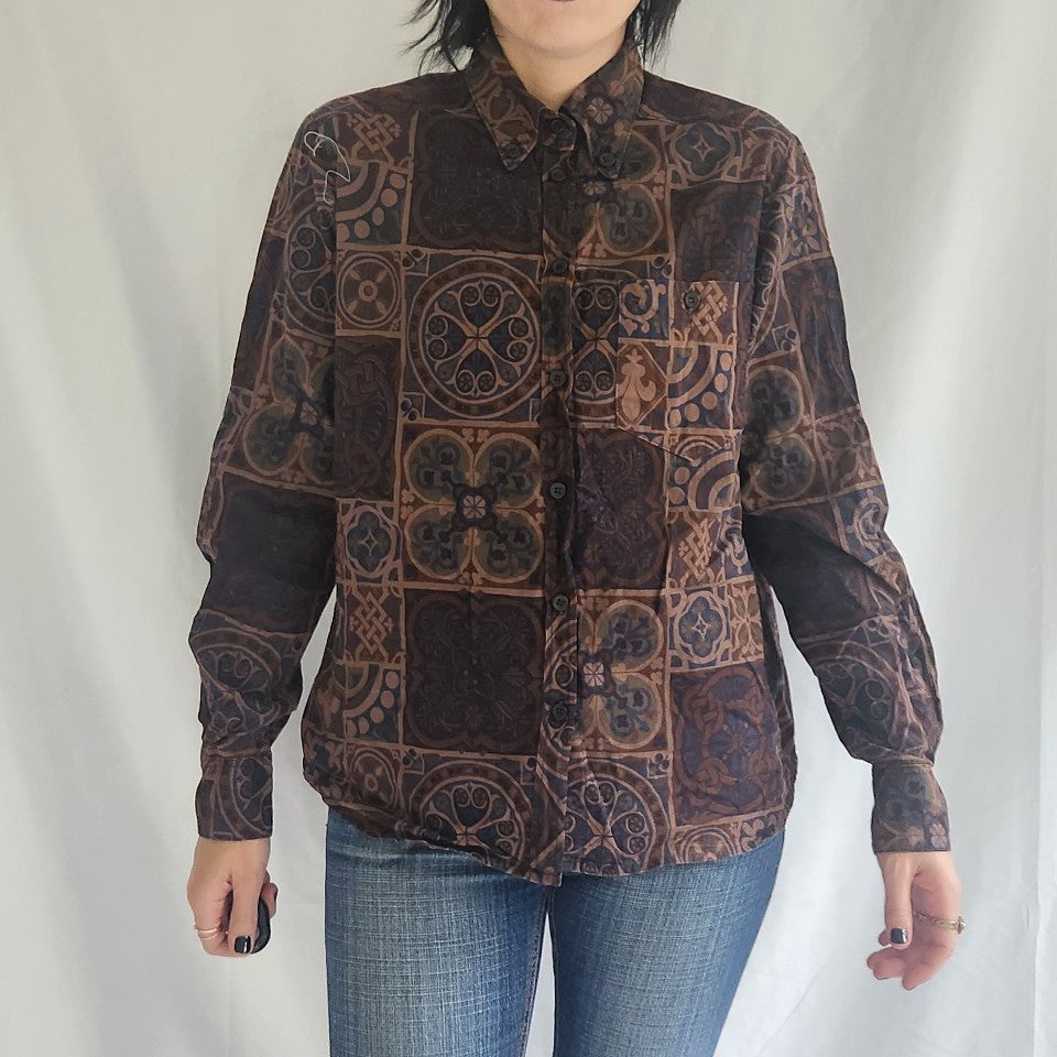 70s Brown and Blue Printed Button Down