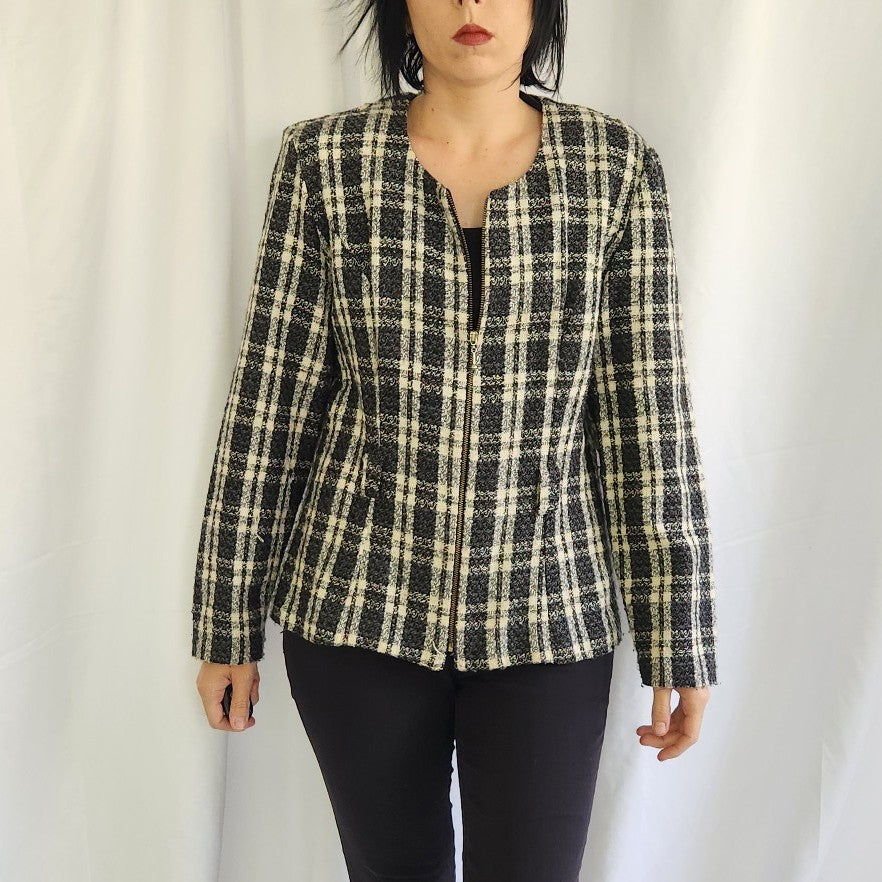 90s Black and White Plaid Zip Up Blazer