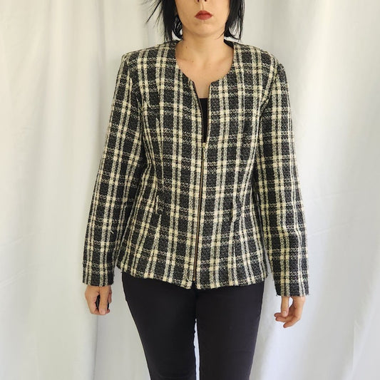 90s Black and White Plaid Zip Up Blazer