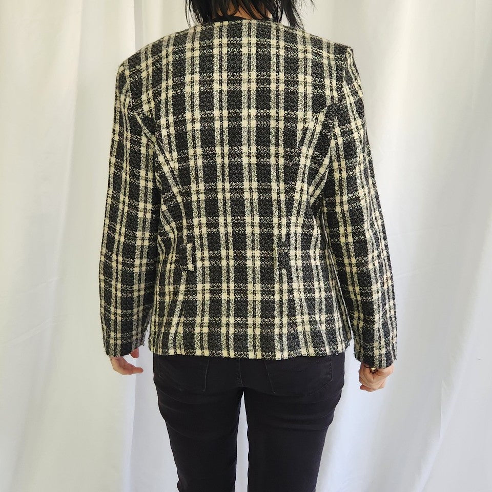 90s Black and White Plaid Zip Up Blazer