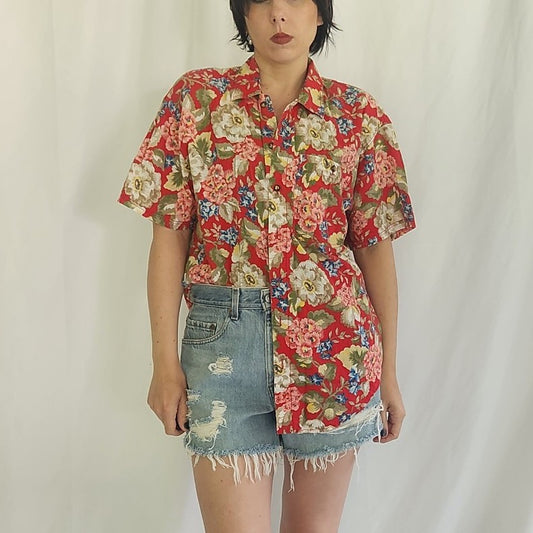 90s Liz Claiborne Red Floral 100% Cotton Top