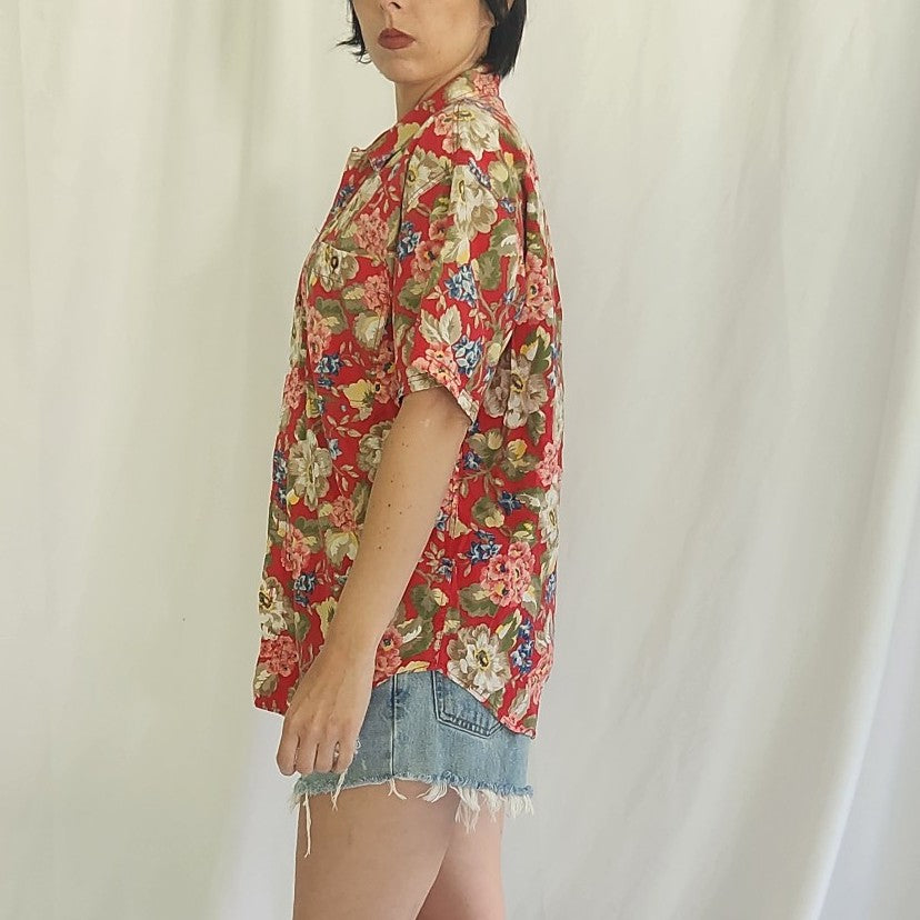 90s Liz Claiborne Red Floral 100% Cotton Top