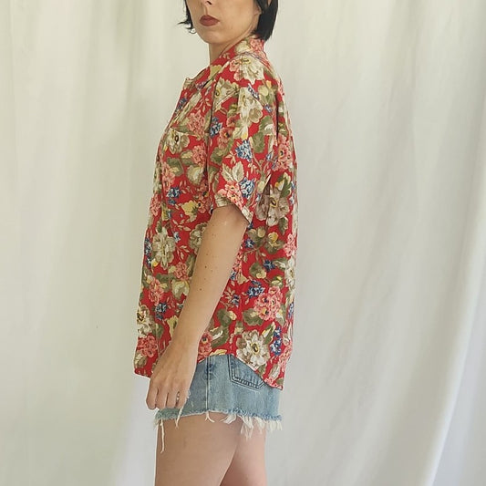 90s Liz Claiborne Red Floral 100% Cotton Top