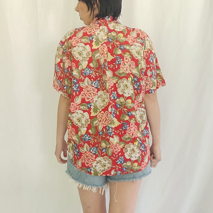 90s Liz Claiborne Red Floral 100% Cotton Top