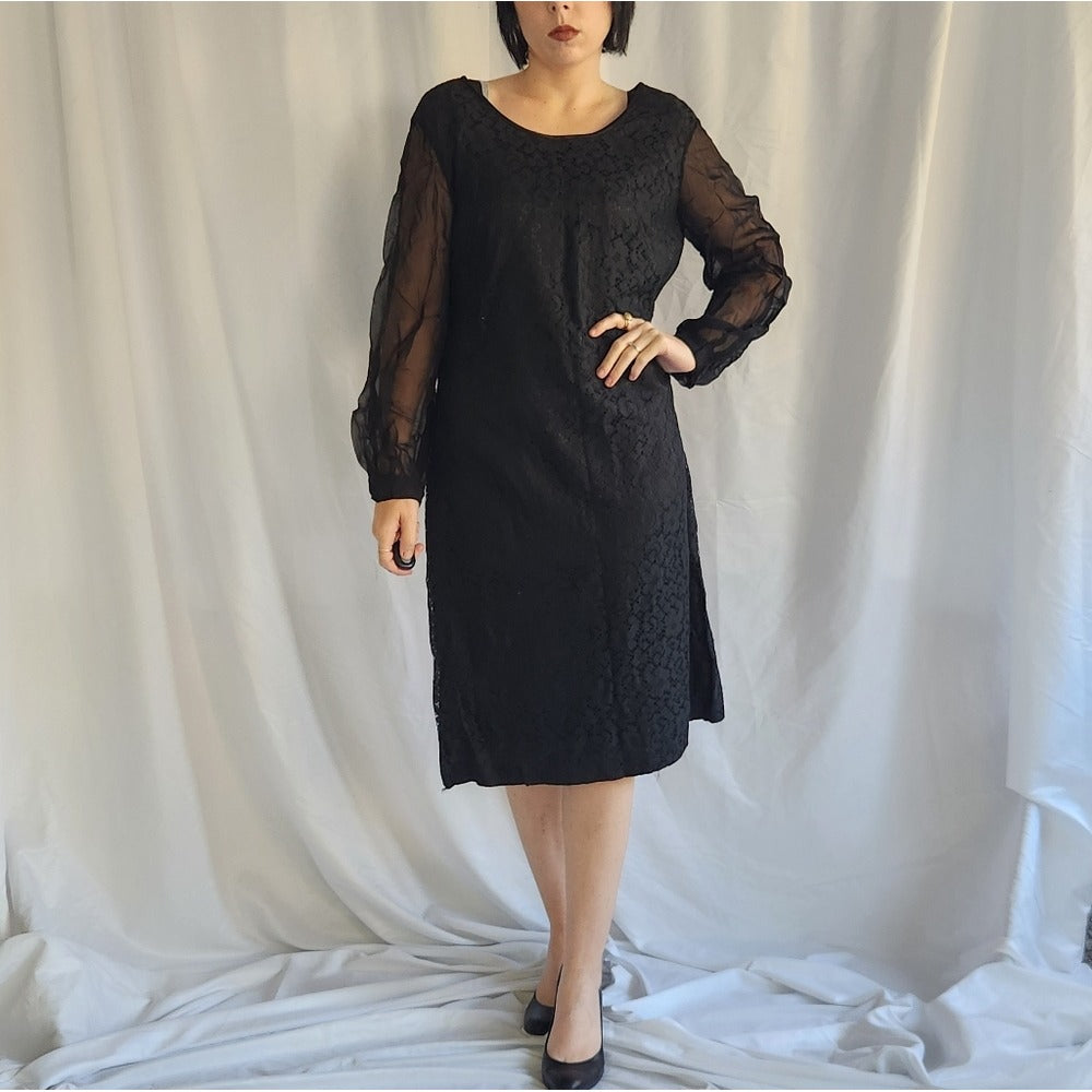 60s Black Lace Sheath Dress with Sheer Sleeves