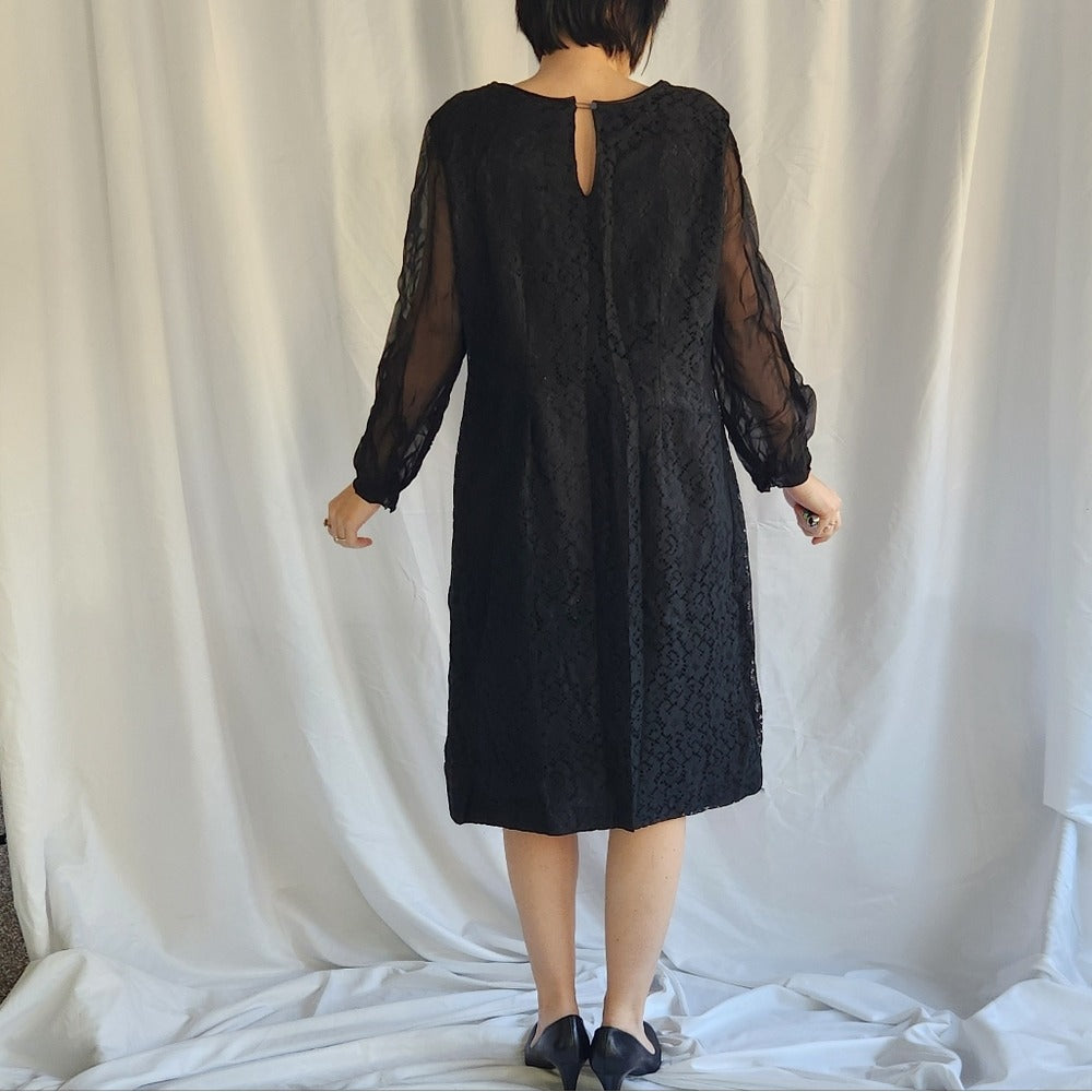 60s Black Lace Sheath Dress with Sheer Sleeves