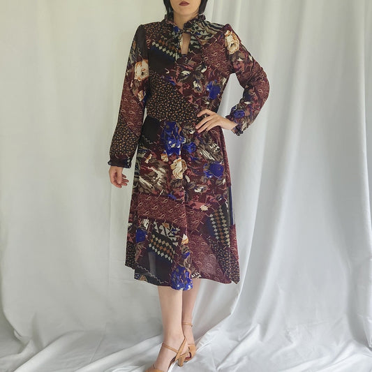 70s Brown Blue and Purple Fall Midi Dress