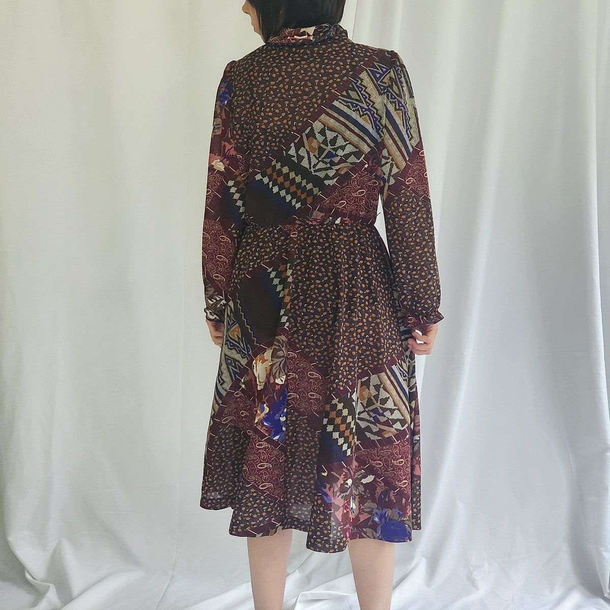 70s Brown Blue and Purple Fall Midi Dress