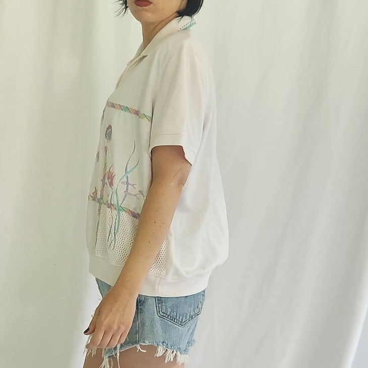 90s Under the Sea White and Pastels Grandmacore Blouse