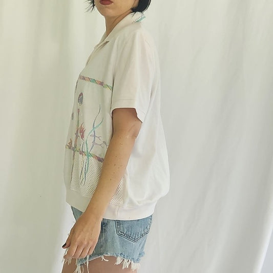 90s Under the Sea White and Pastels Grandmacore Blouse