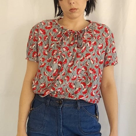 70s Home Made Gray and Red Floral Top