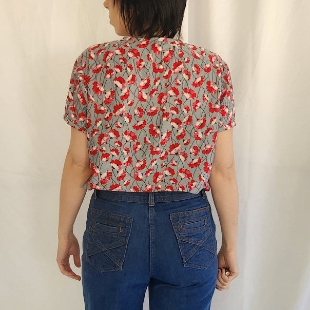 70s Home Made Gray and Red Floral Top