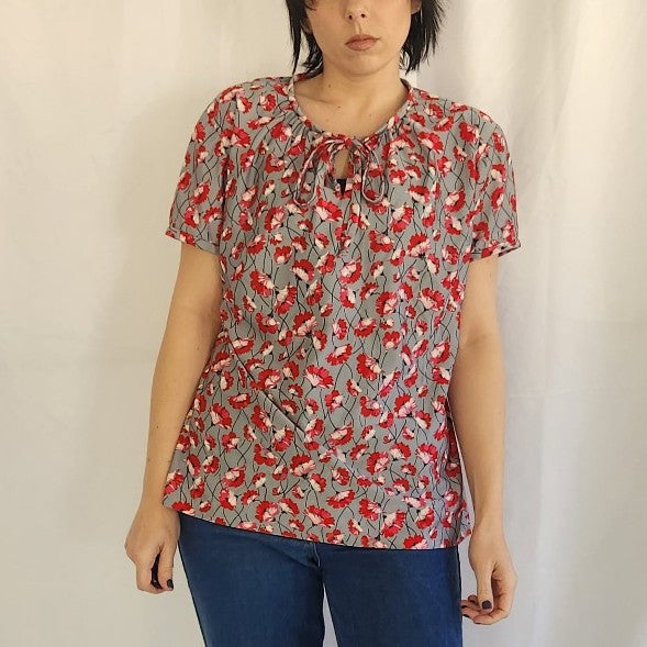 70s Home Made Gray and Red Floral Top