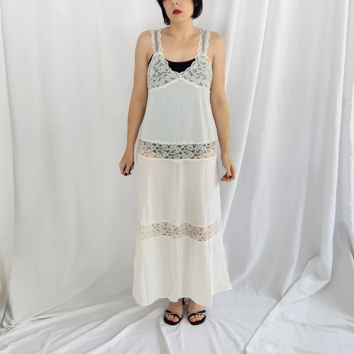 80s White Tiered Nylon Nightgown