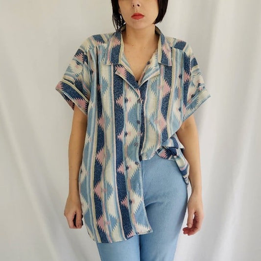80s Blue and Pink Southwest Inspired Shirt