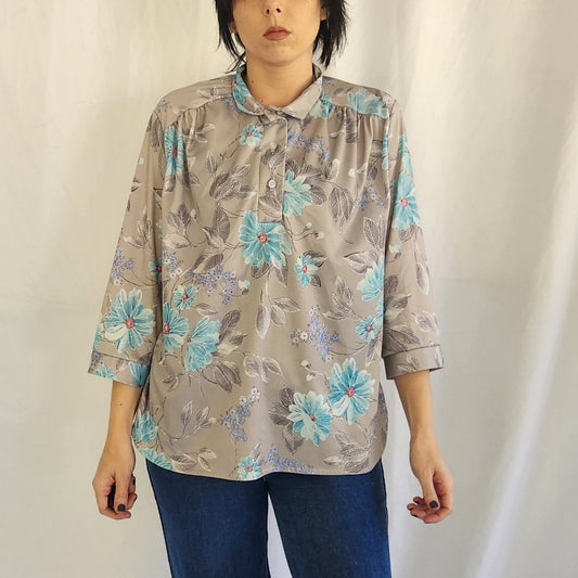 70s/80s Gray and Blue Floral Blouse