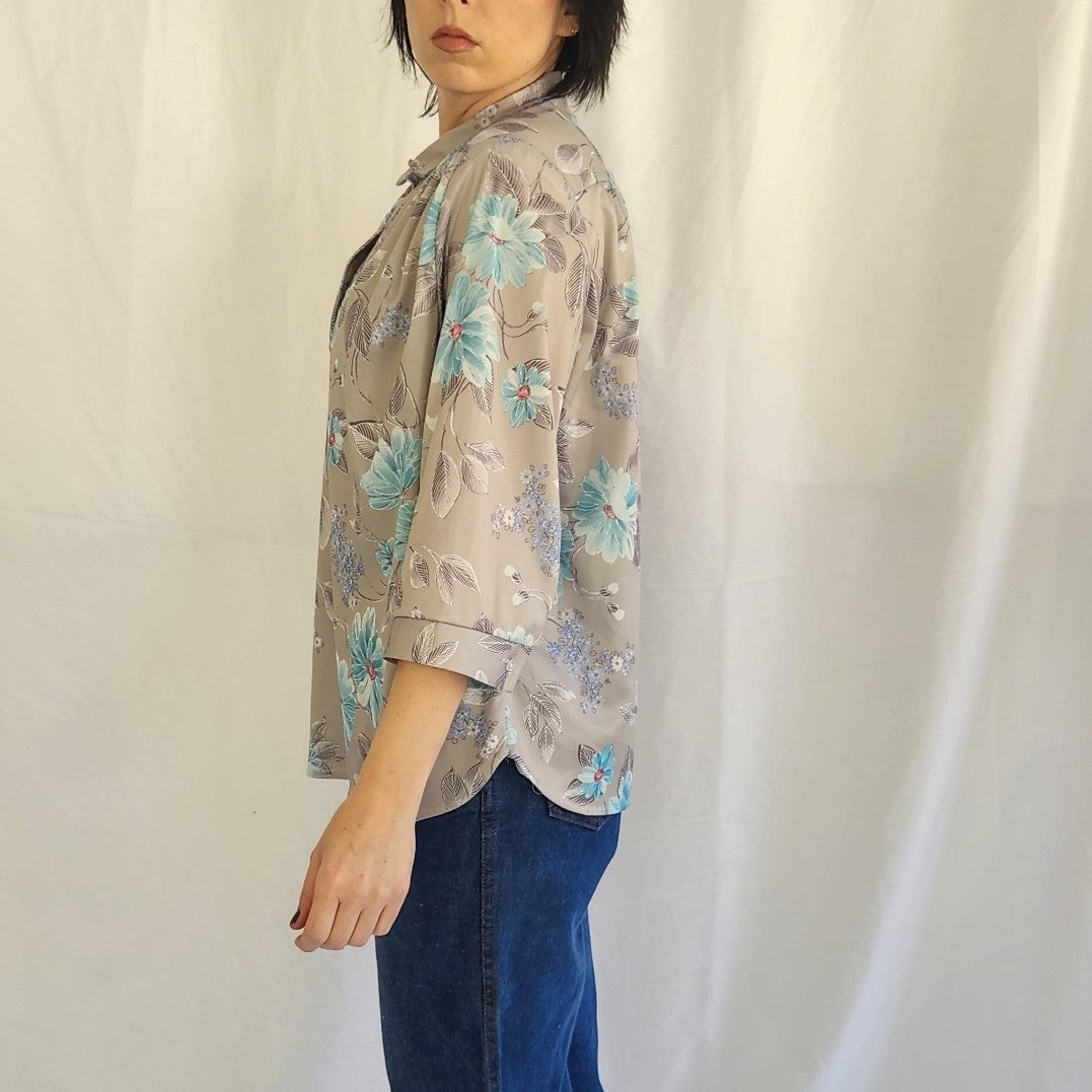 70s/80s Gray and Blue Floral Blouse