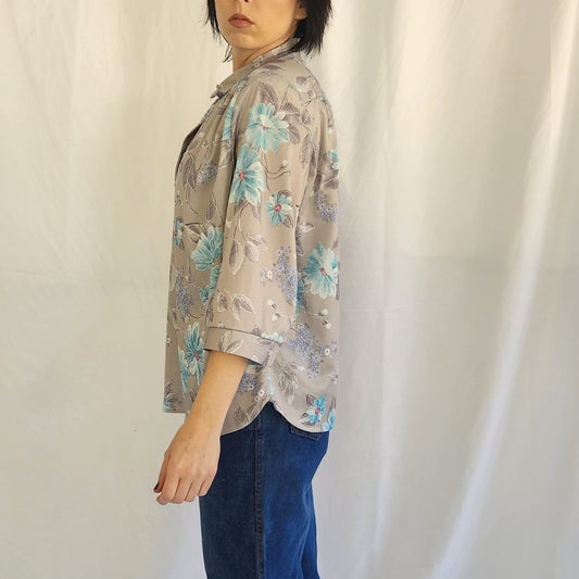 70s/80s Gray and Blue Floral Blouse