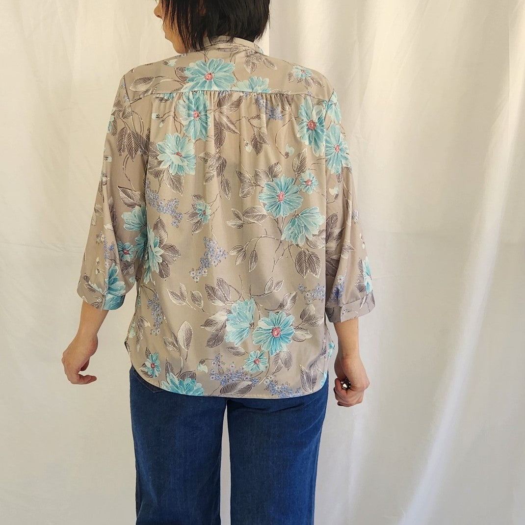 70s/80s Gray and Blue Floral Blouse