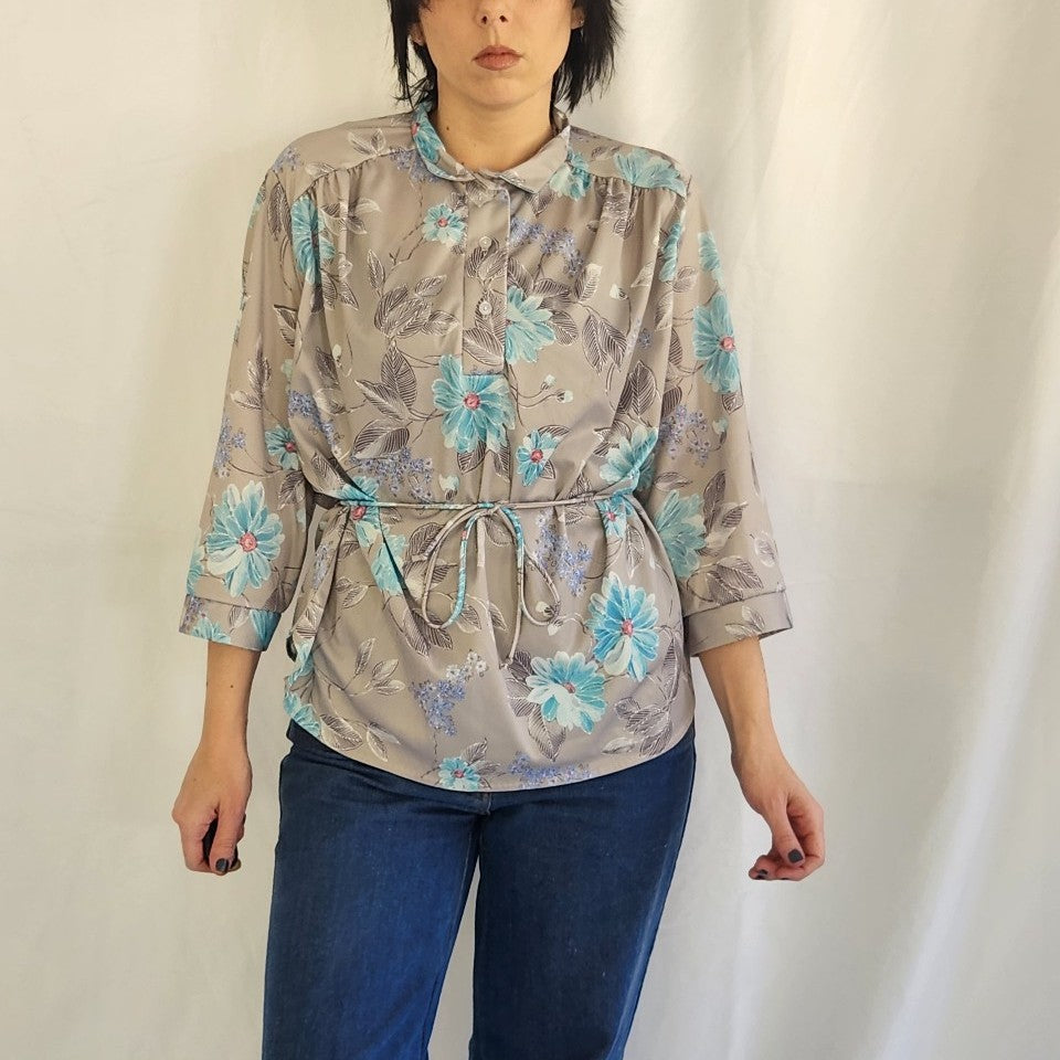 70s/80s Gray and Blue Floral Blouse