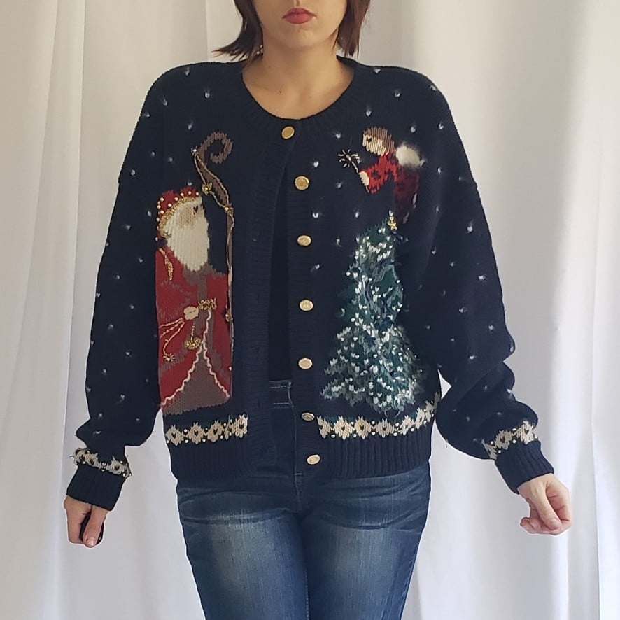 90s Santa and Christmas Tree Cardigan