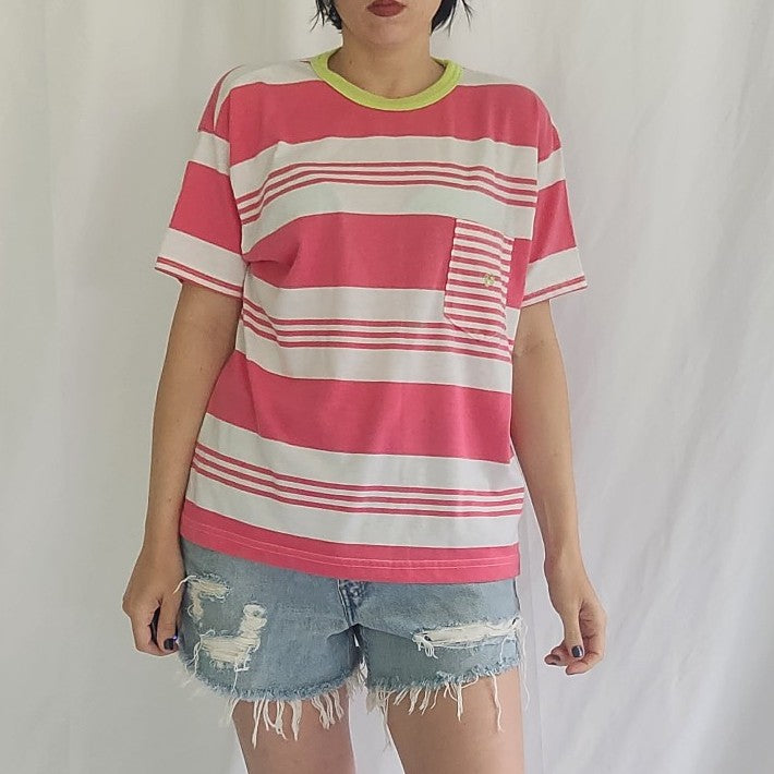90s Hang Ten Pink and White Striped Pocket Tee