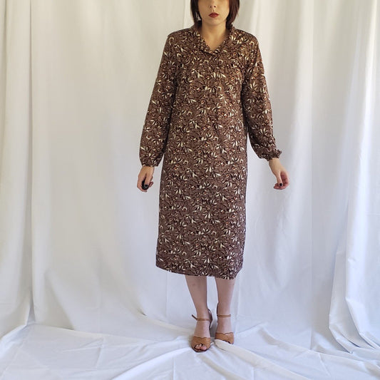 70s Brown Floral Sheath Dress