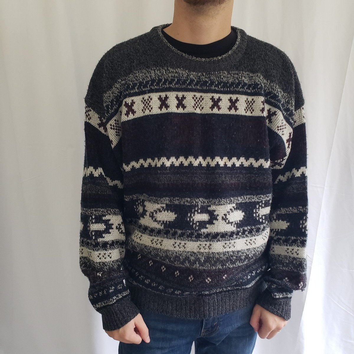 90s Blue, Gray, Burgundy, and White Crew Neck Sweater