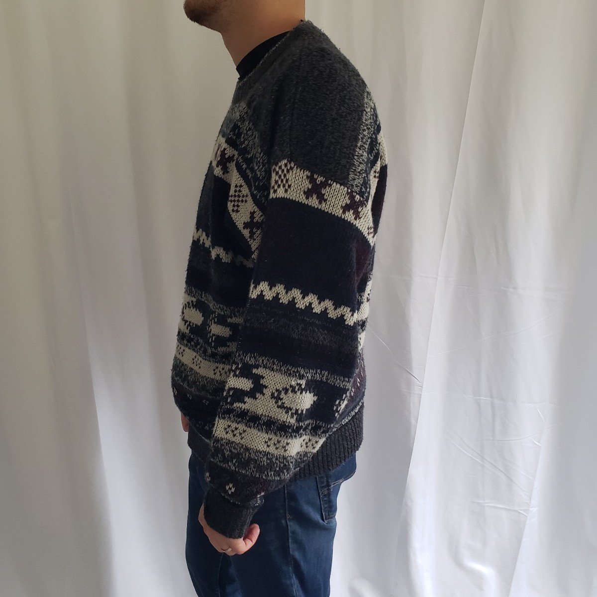 90s Blue, Gray, Burgundy, and White Crew Neck Sweater