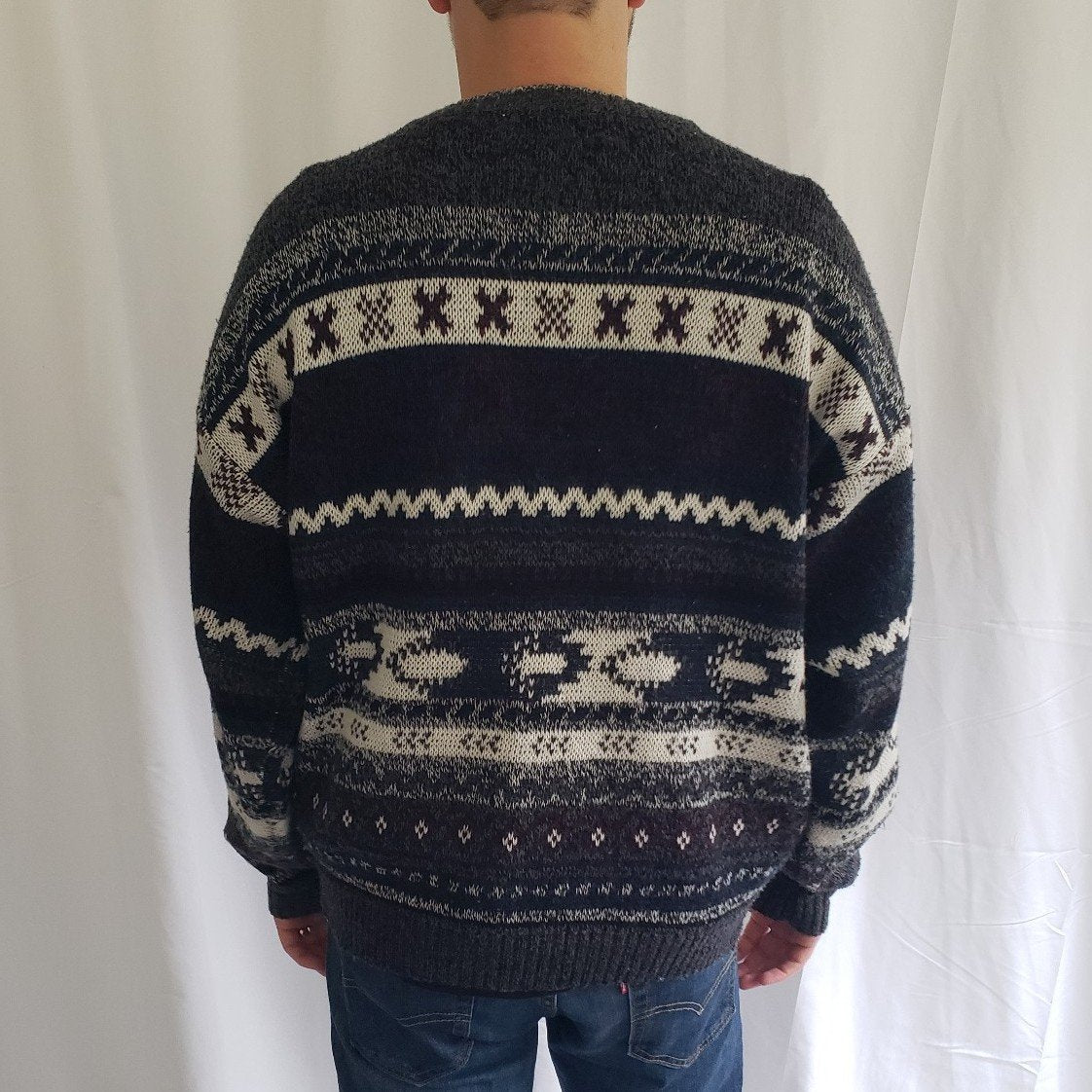 90s Blue, Gray, Burgundy, and White Crew Neck Sweater