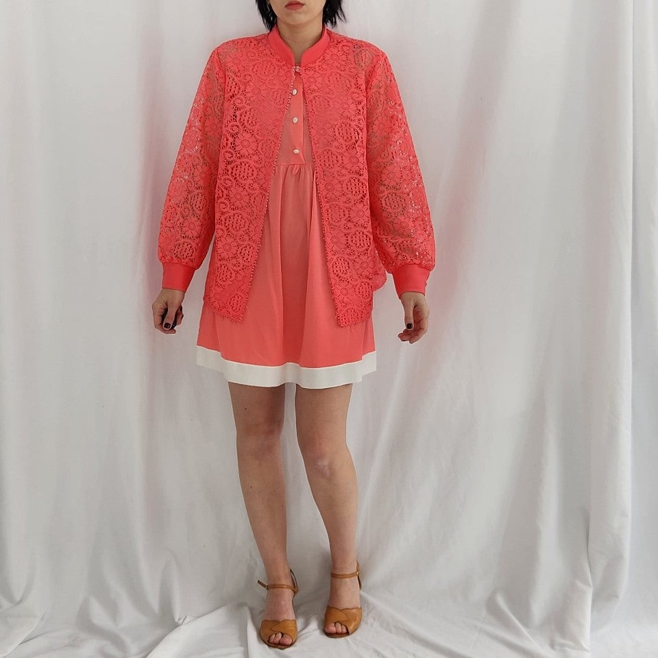 60s Hot Pink Mod Mini Dress with Lace Jacket