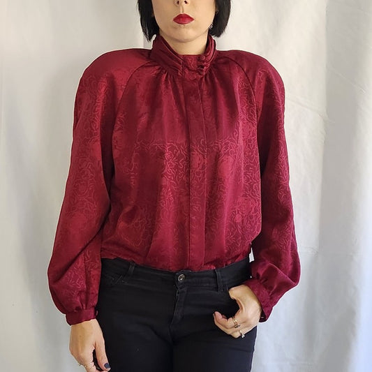 80s Cranberry Red High Neck Blouse
