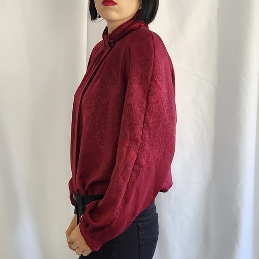 80s Cranberry Red High Neck Blouse