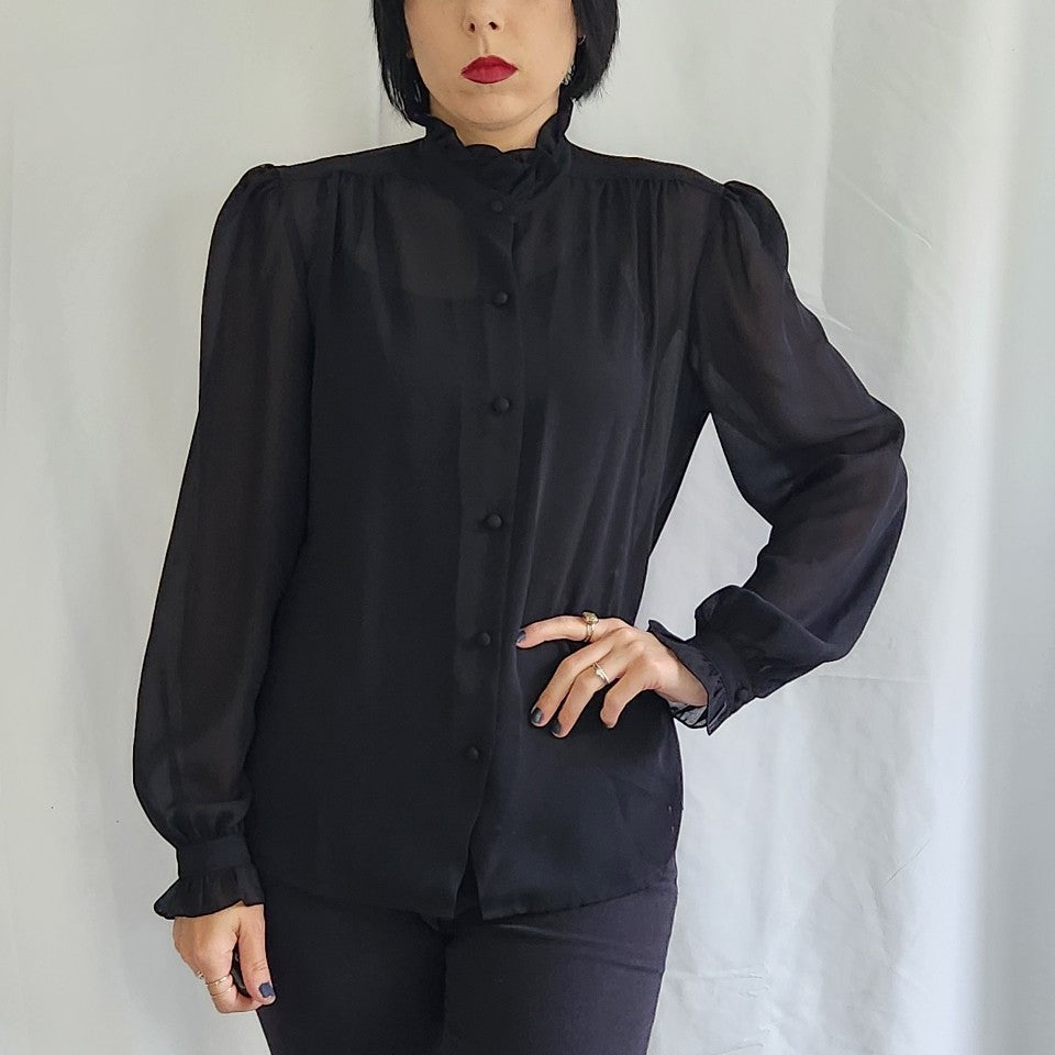 80s Black High Neck Blouse
