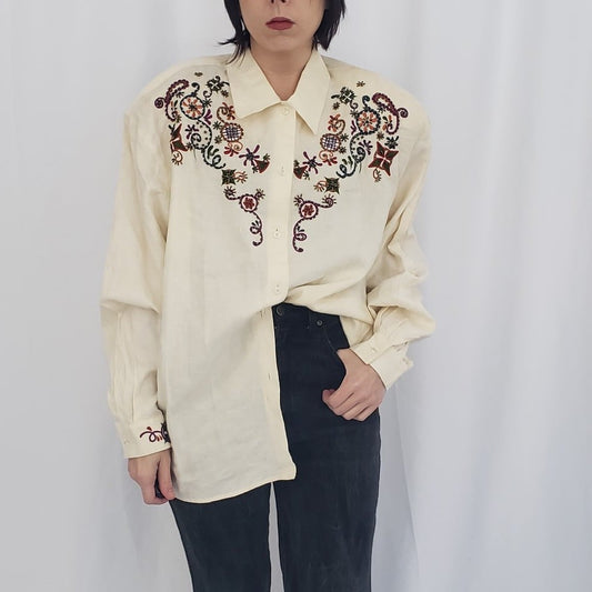 90s Deadstock I.B. Diffusion Linen Beaded Blouse